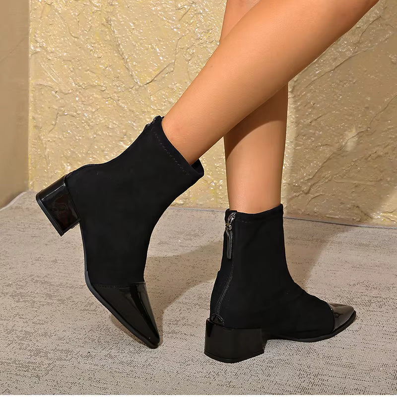 Ladies High Heel Ankle Boots with Block Heel and Zip Back