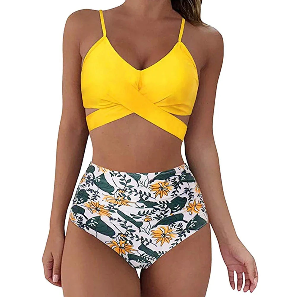 Women's Swimsuit Set - Skinny Cross Over Top - High Waist Bottoms
