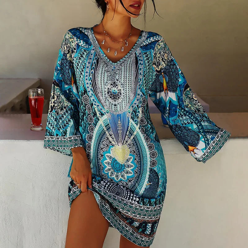 Comfy V Neck Tunic Dress with Long Sleeves - Nocini