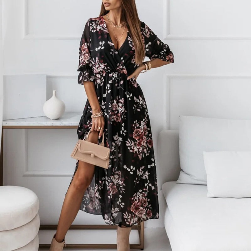 Flowy V Neck Long Dress with Elastic Waist