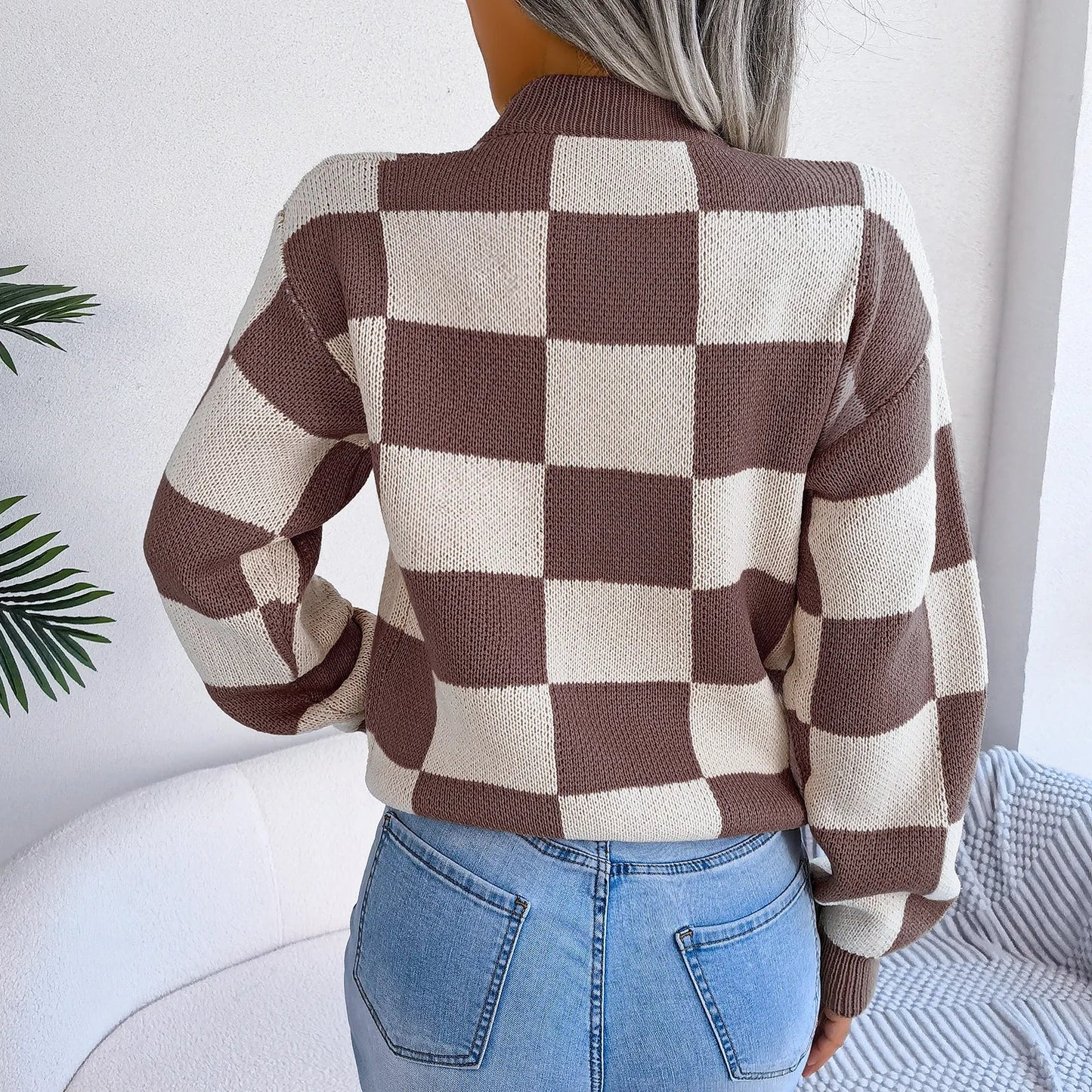 Purple Plaid Crew Neck Sweater