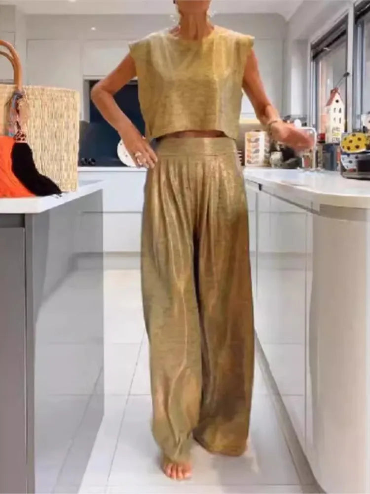 Ladies' 2-Piece - Sleeveless Crop Top & Wide Leg Pants