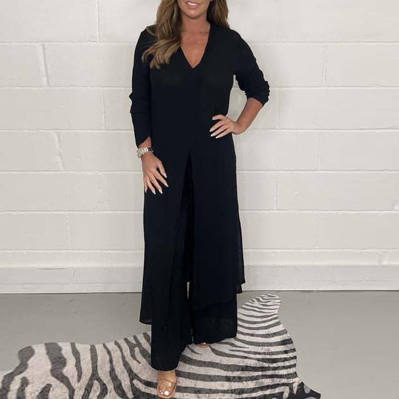 Relaxed Fit Women's V-Neck Jumpsuit with Slit Legs