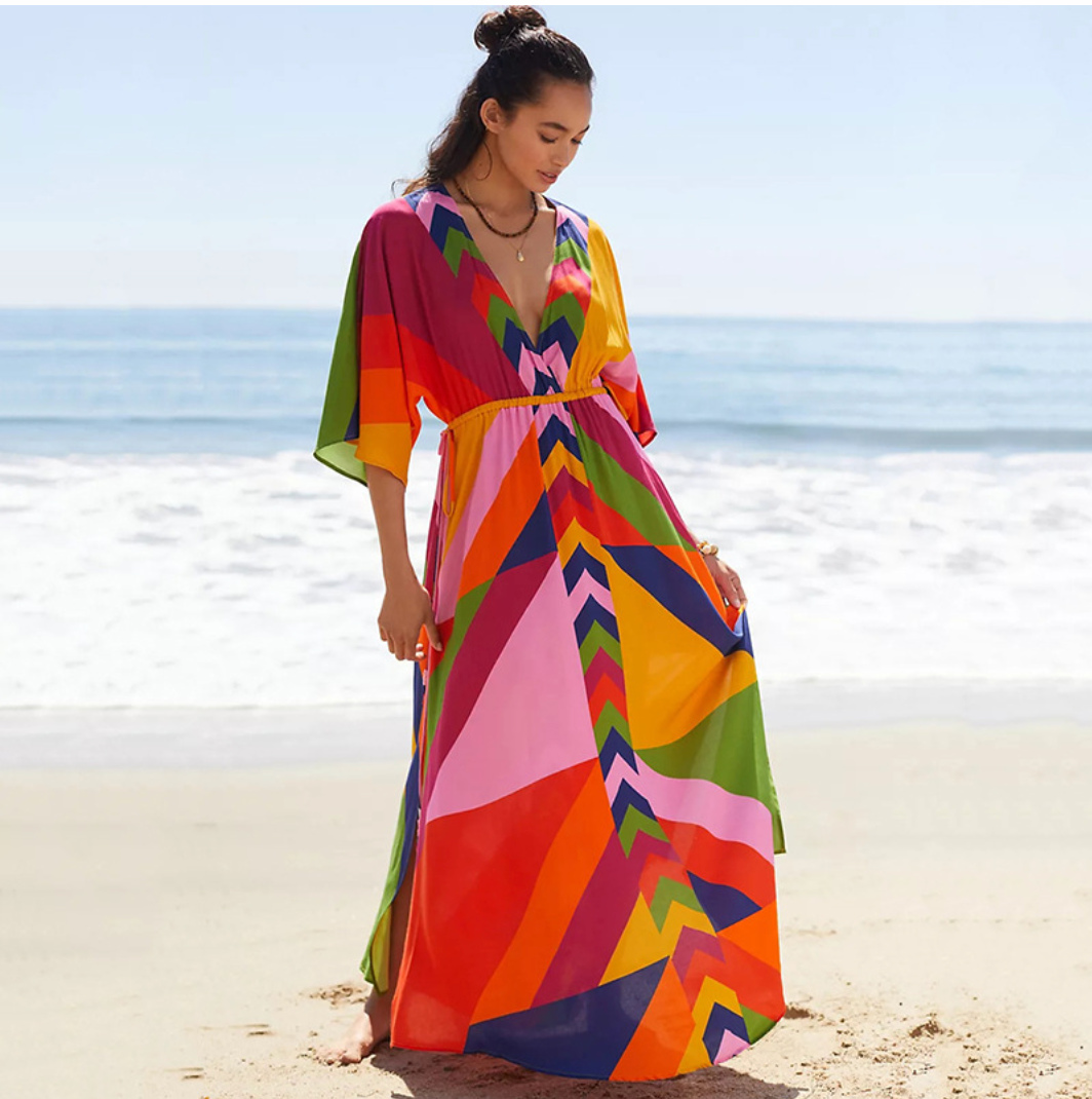 Loose Fit V-Neck Maxi Dress with Sleeves - Nocini