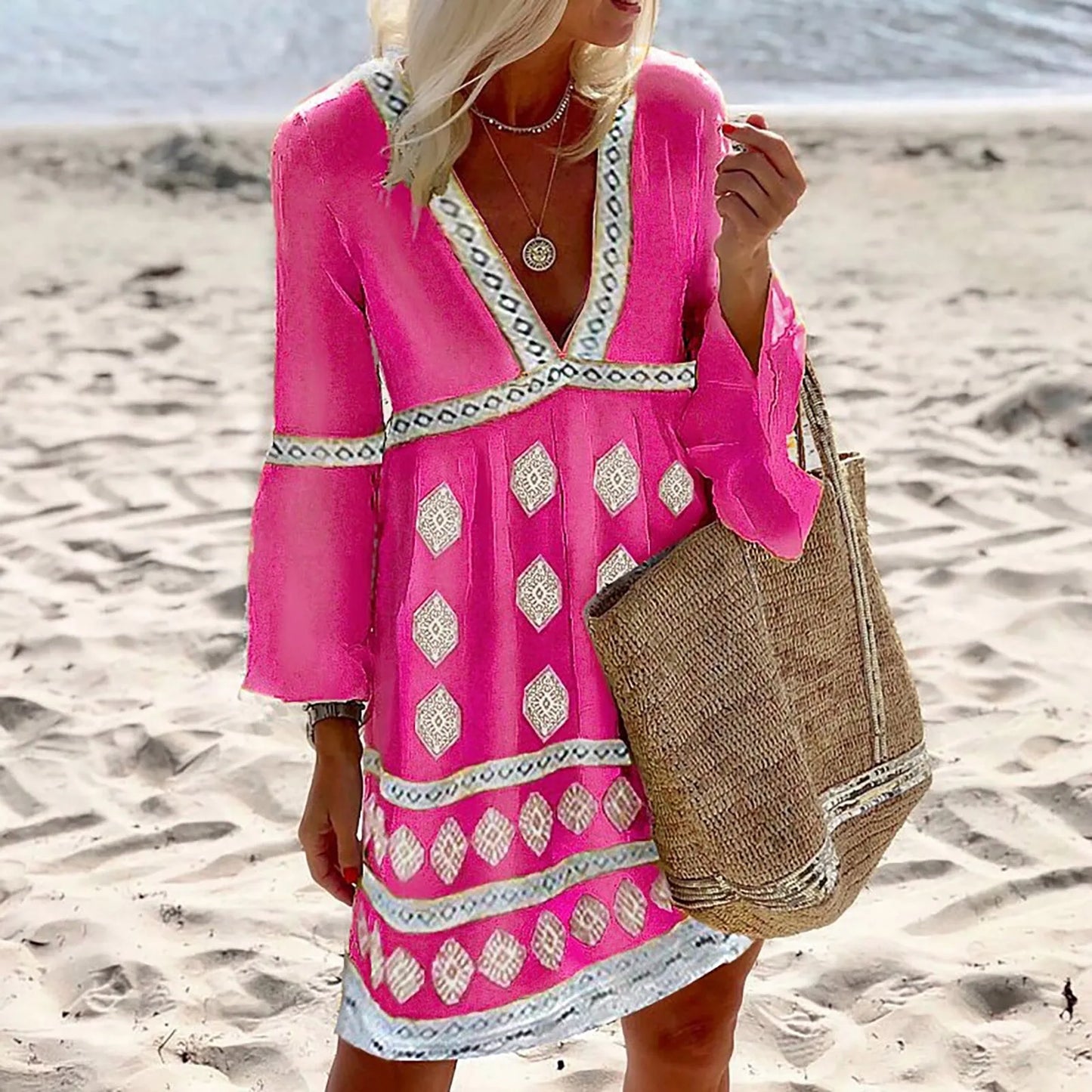 Relaxed Fit V Neck Summer Dress with Ruffles