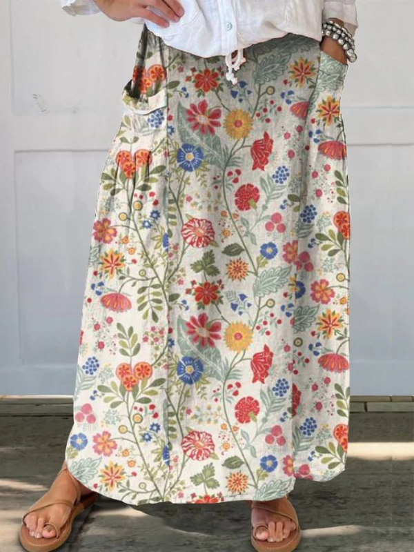 Floral Print Flowy Skirt with Pockets - Olytrend