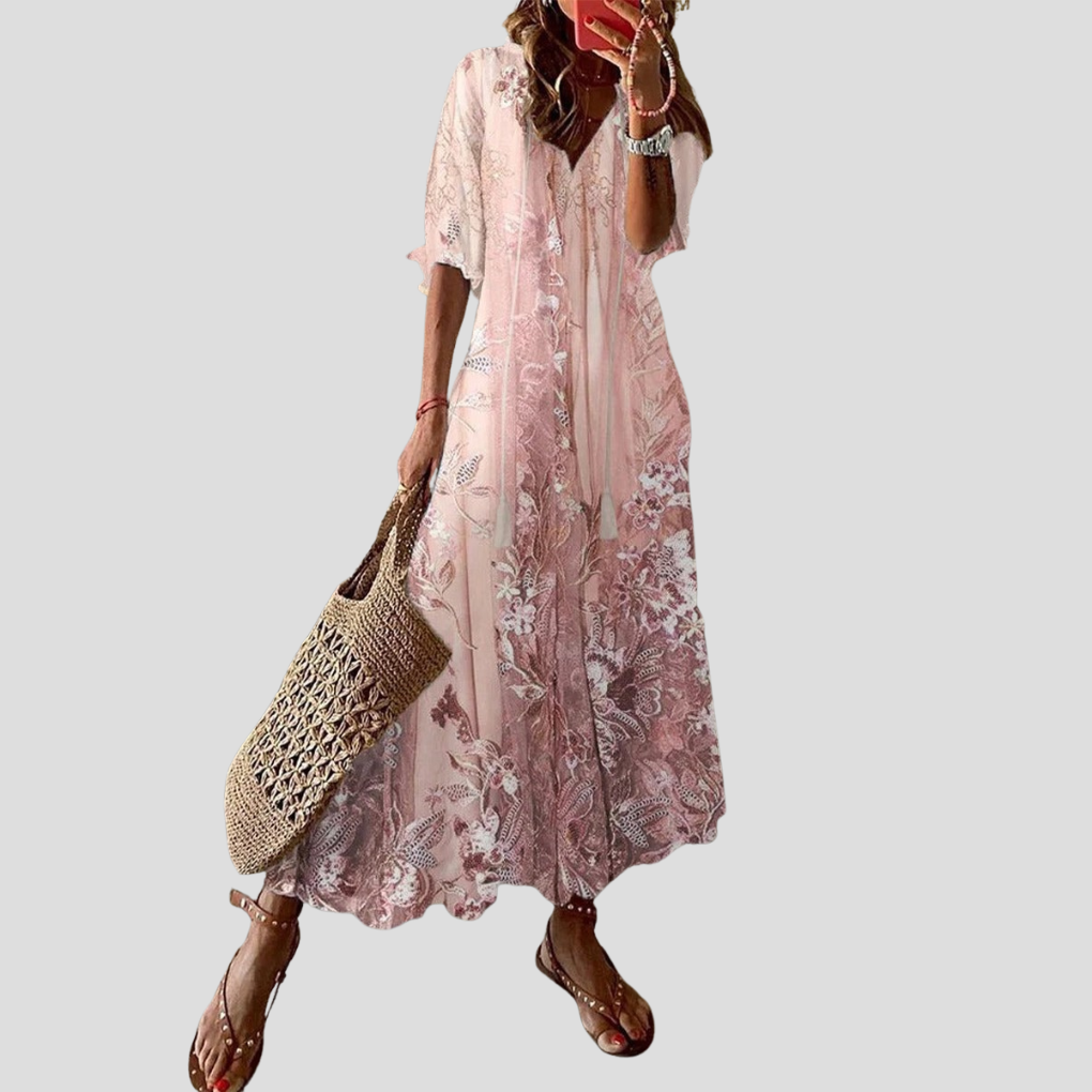 Ladies Casual Flowy V Neck Summer Dress - Olytrend