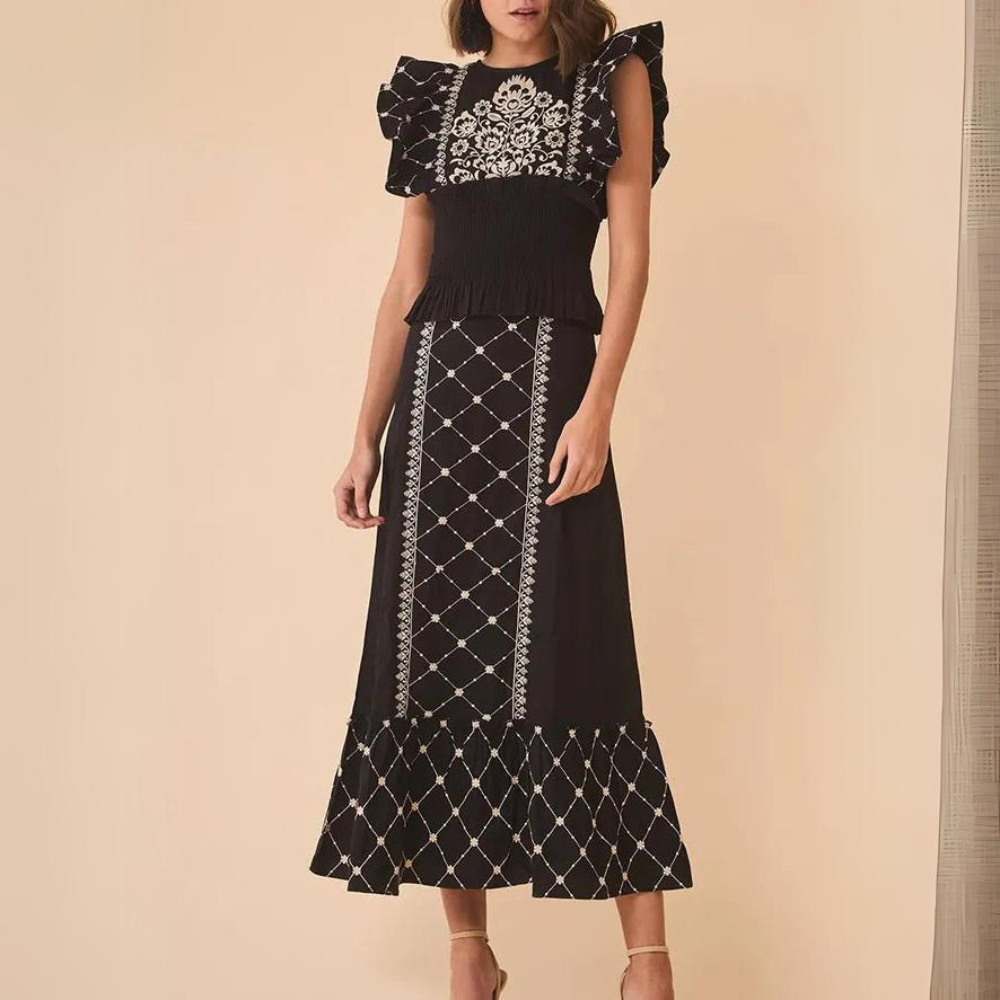Ladies Floral Midi Dress with Ruffles and Bell Sleeves - Nocini
