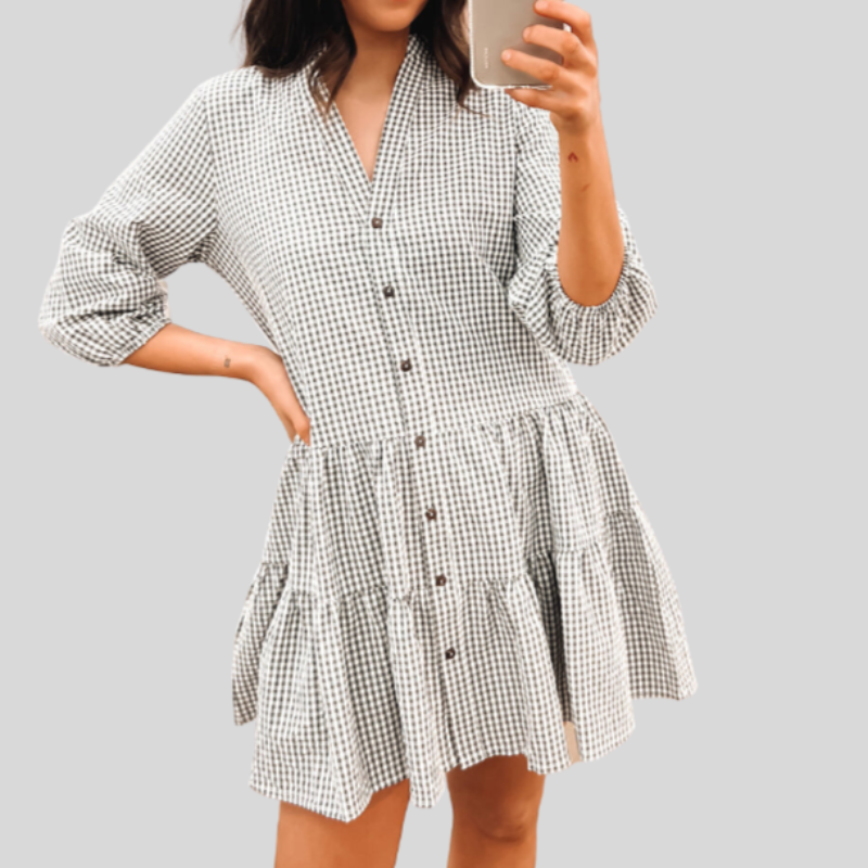 Casual Checkered Knee Length Cotton Dress