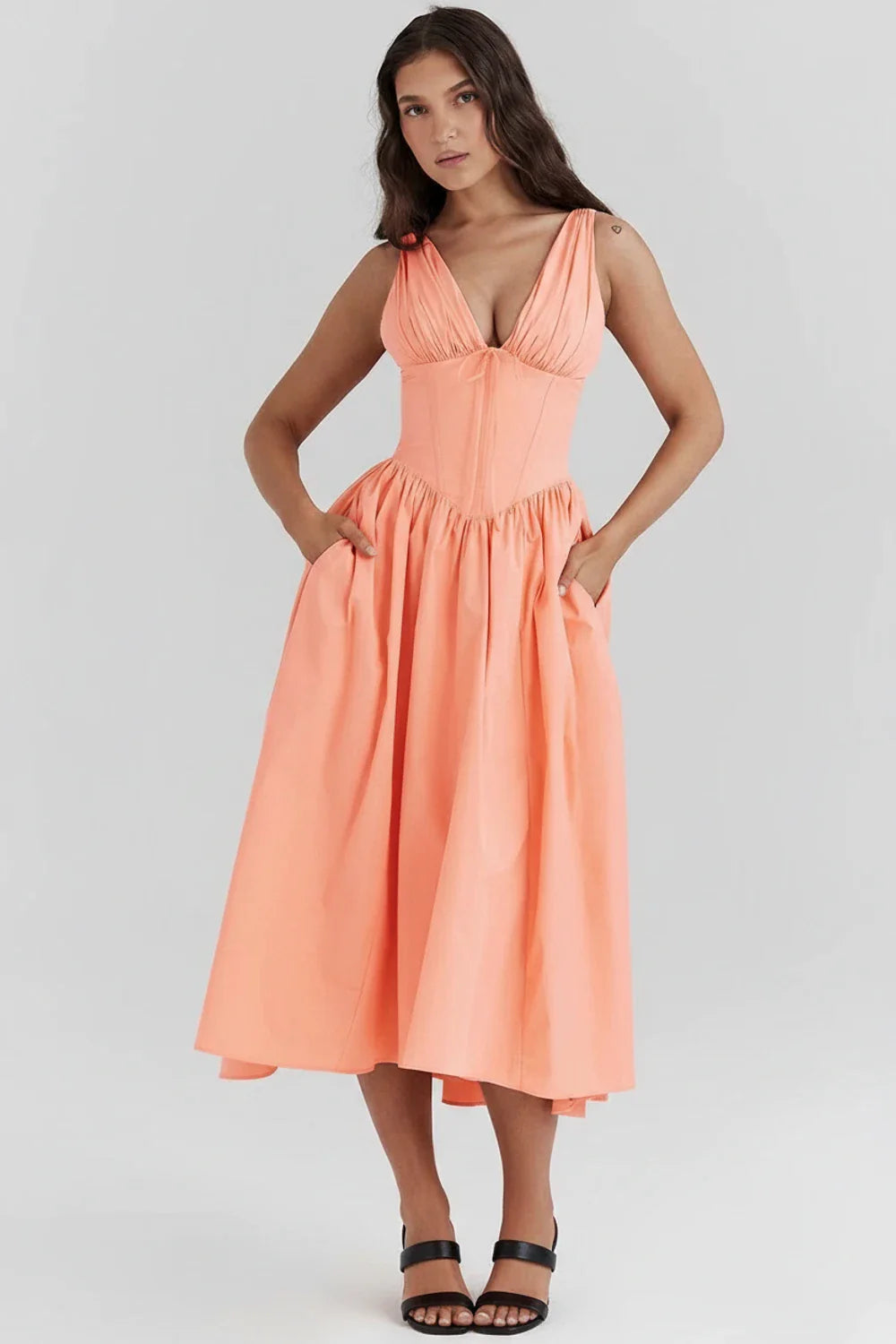 Flattering V Neck Knee Length Lady Dress