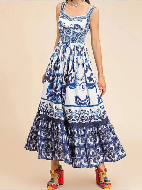 Ladies Flowy Maxi Dress with High Waist and Floral Print