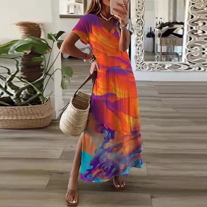 Vibrant Maxi Dress with Deep V Neckline