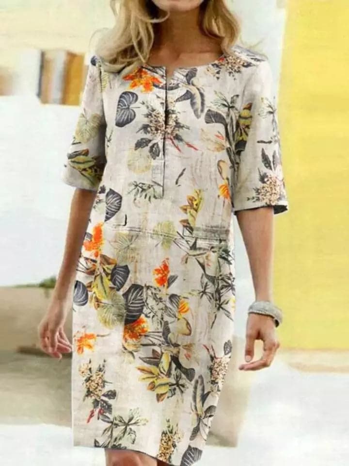 Soft Floral Women's Shirt Dress with 3/4 Sleeves - Nocini