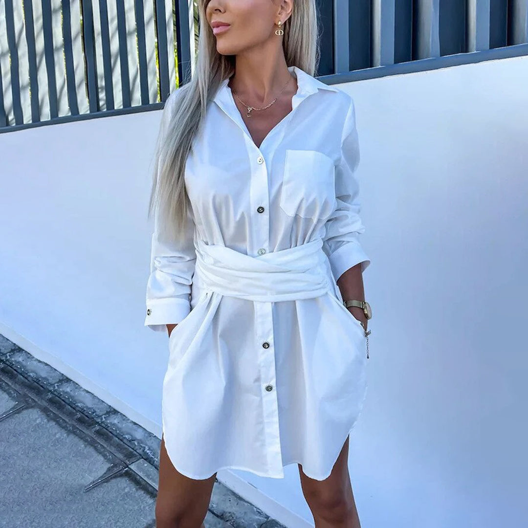 Ladies Casual Long Sleeve Shirt Dress with Pockets