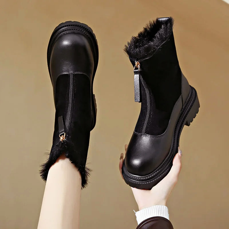 Velvet Synthetic Ankle Boots | Furry Insulated Block Heel Boots
