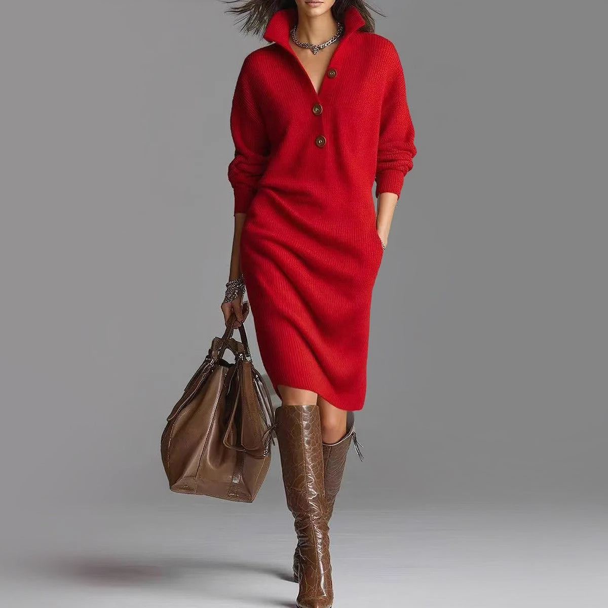 Comfy Crew Neck Knit Midi Sweater Dress for Women