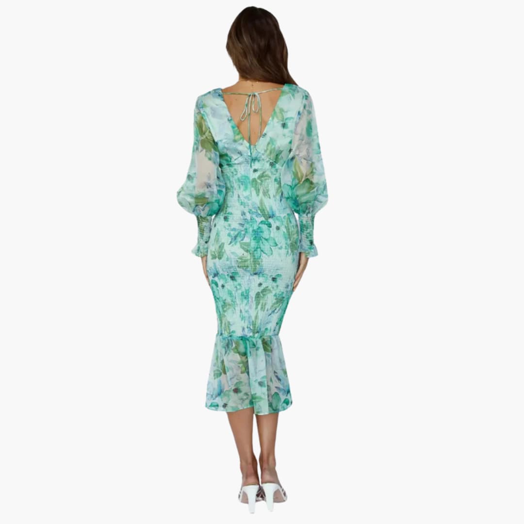 Ladies' Garden Print Tea Length Dress with Ruffle Sleeves
