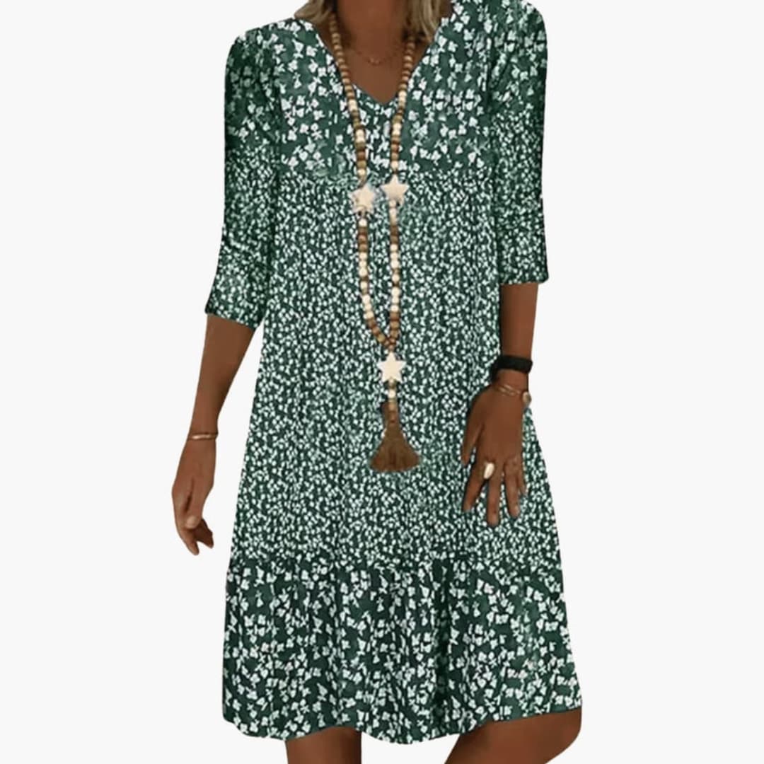 Ladies' Elegant Floral Midi Dress with Ruffled Waist