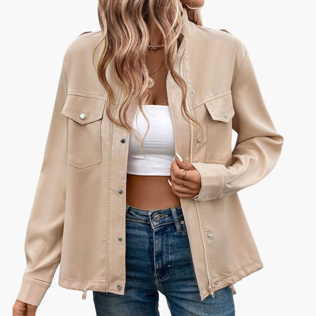Ladies Zip Up Coat with Pockets and High Collar - Olytrend