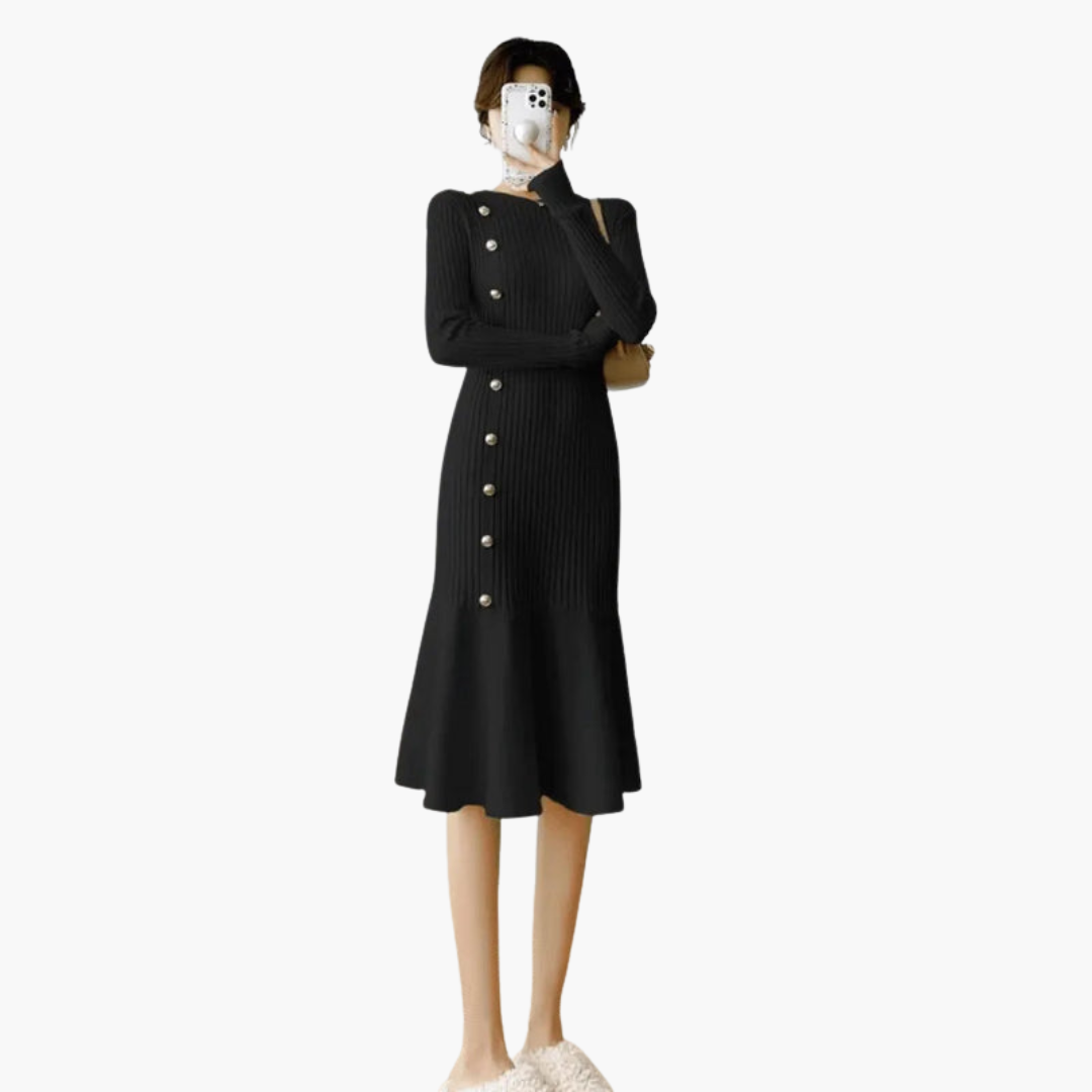 Women's Soft Sweater Dress with Buttons and Cable Knit