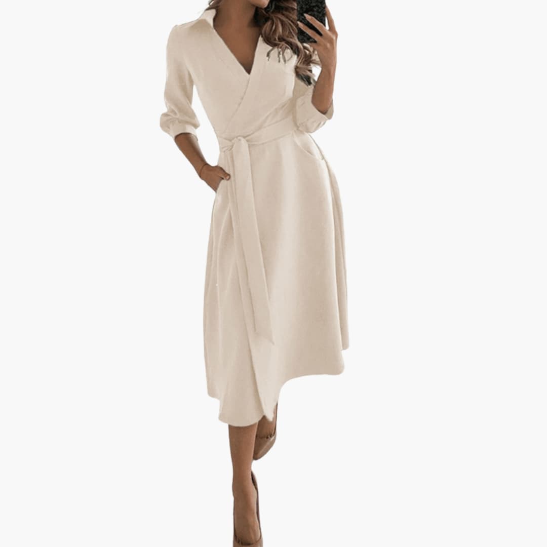Feminine Flare Midi Dress with Bow Waist and Long Sleeves