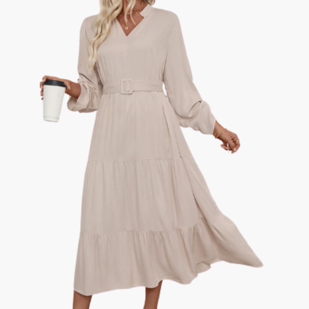 Ladies Casual Midi Dress with Ruffled Skirt and Crew Neck