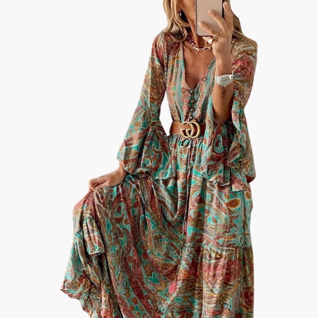 Long Floral Maxi Dress with Bell Sleeves