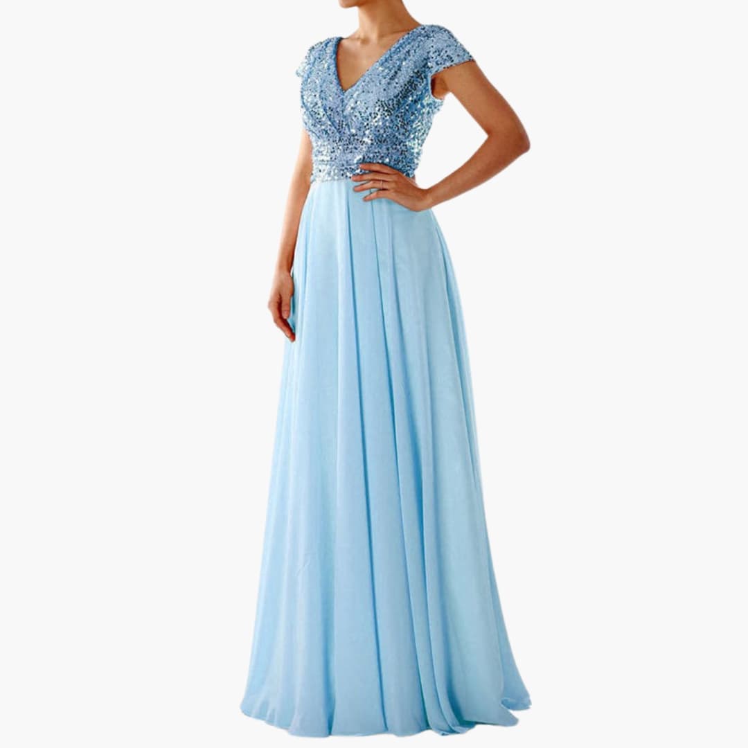 Long Sleeve V Neck Sequin Evening Dress
