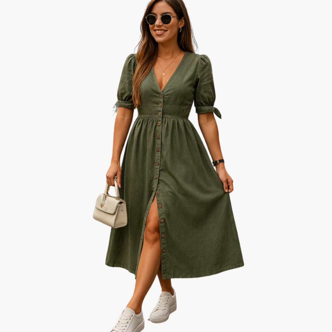 Ladies' Casual Button Front V Neck Dress