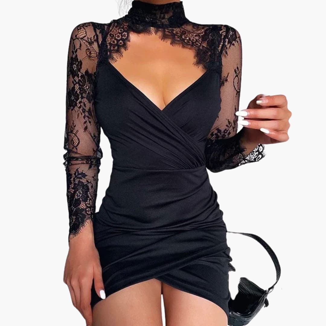 Petite Ladies Lace Trimmed High Neck Dress