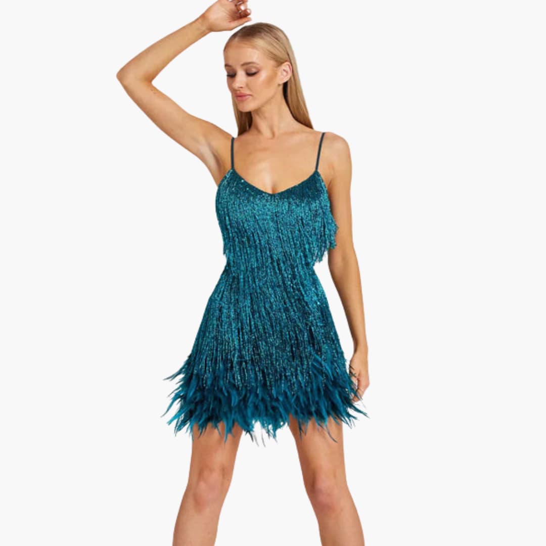 Glittering Mid Length Party Dress with Fringed Hem