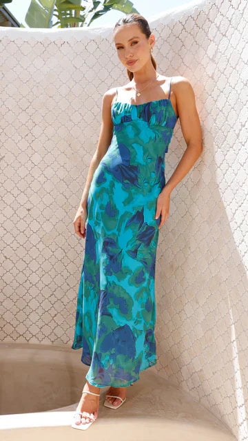 Women's Maxi Slip Dress with Thin Straps and Round Neckline