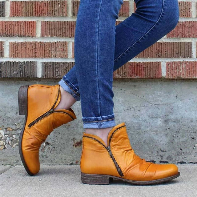 Women's Classic Low Heel Boots - Comfortable Zip Ups