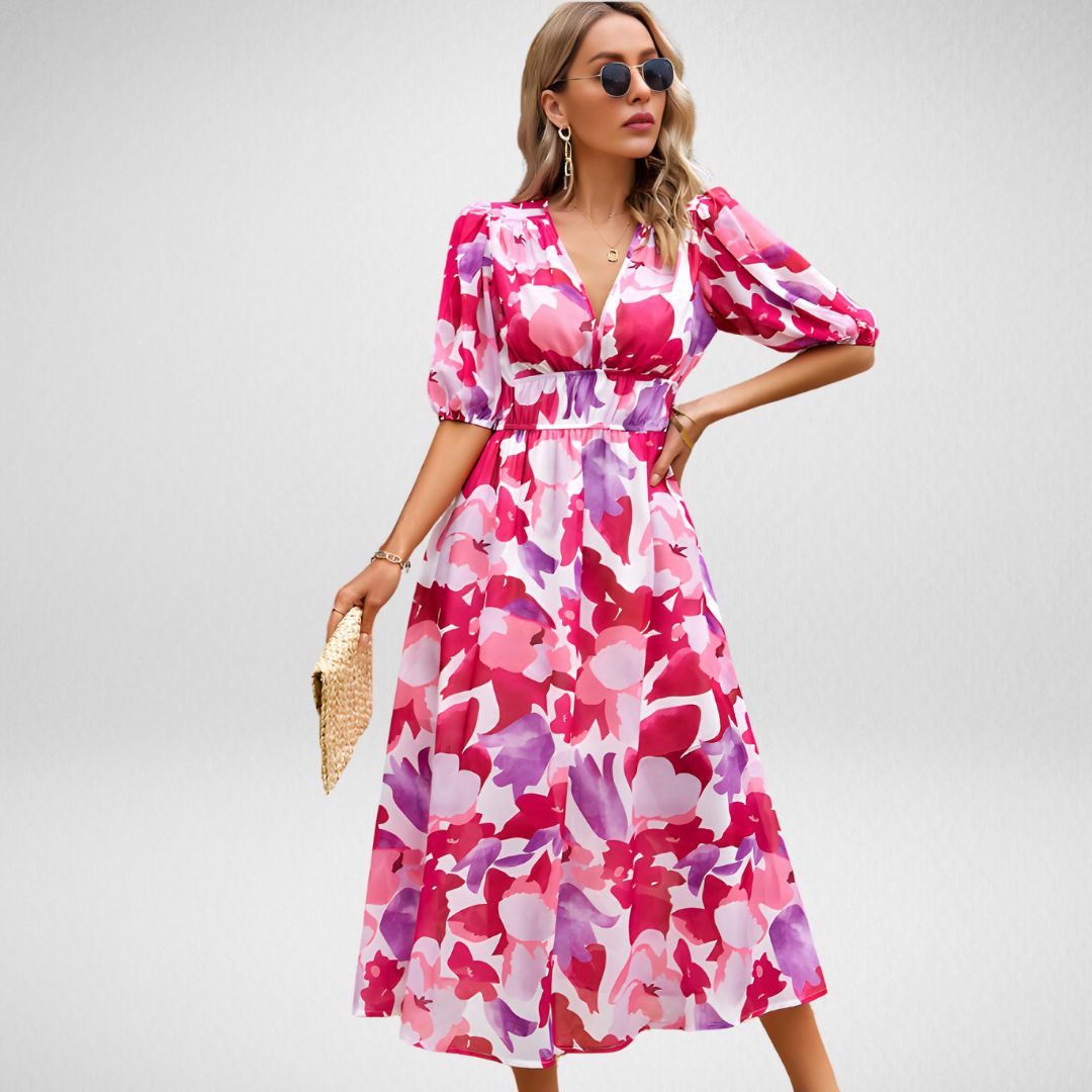 Flowy V Neck Maxi Dress with Puff Sleeves
