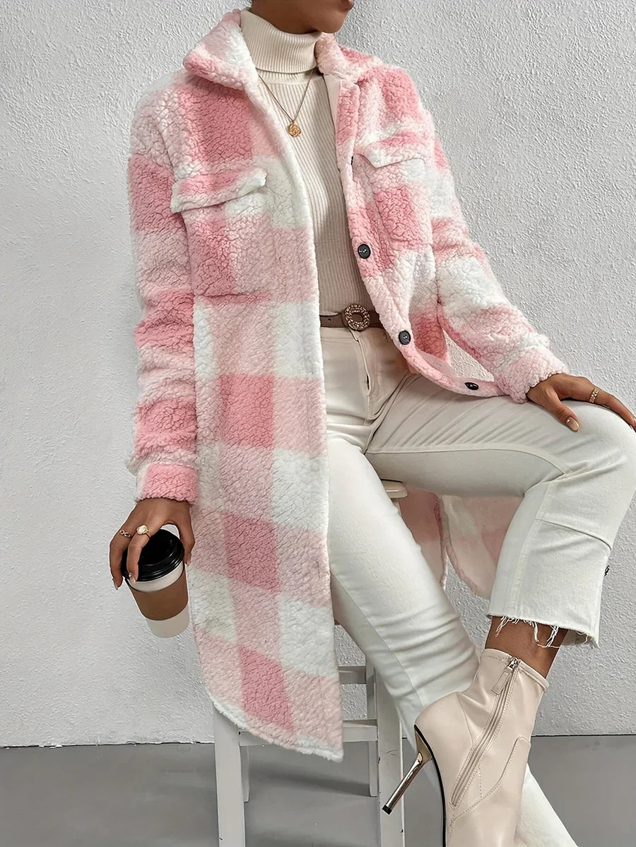 Plush Checked Mid-Length Women's Coat
