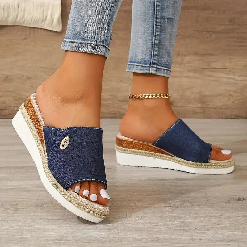 Ladies Blue Wedge Sandals with Natural Platform