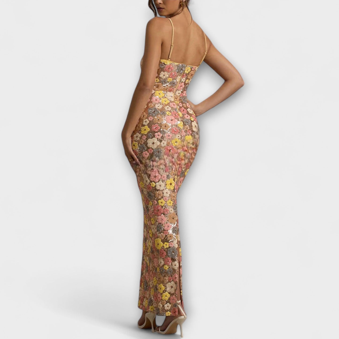 Vibrant Floral Sequin Evening Maxi Dress