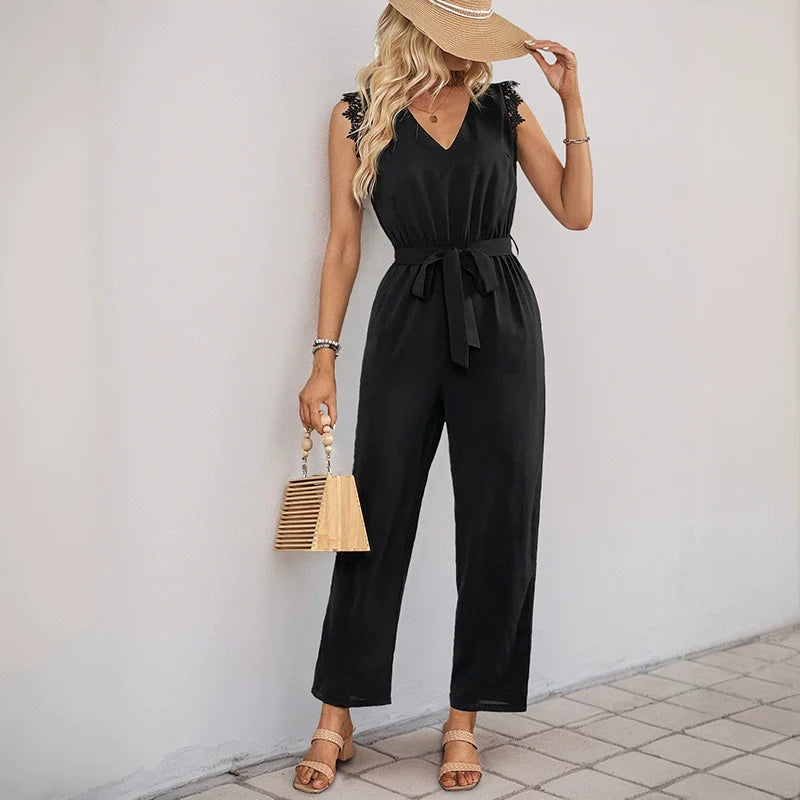 Women's V-Neck Sleeveless Jumpsuit with Ruffles and Belted Waist - Nocini