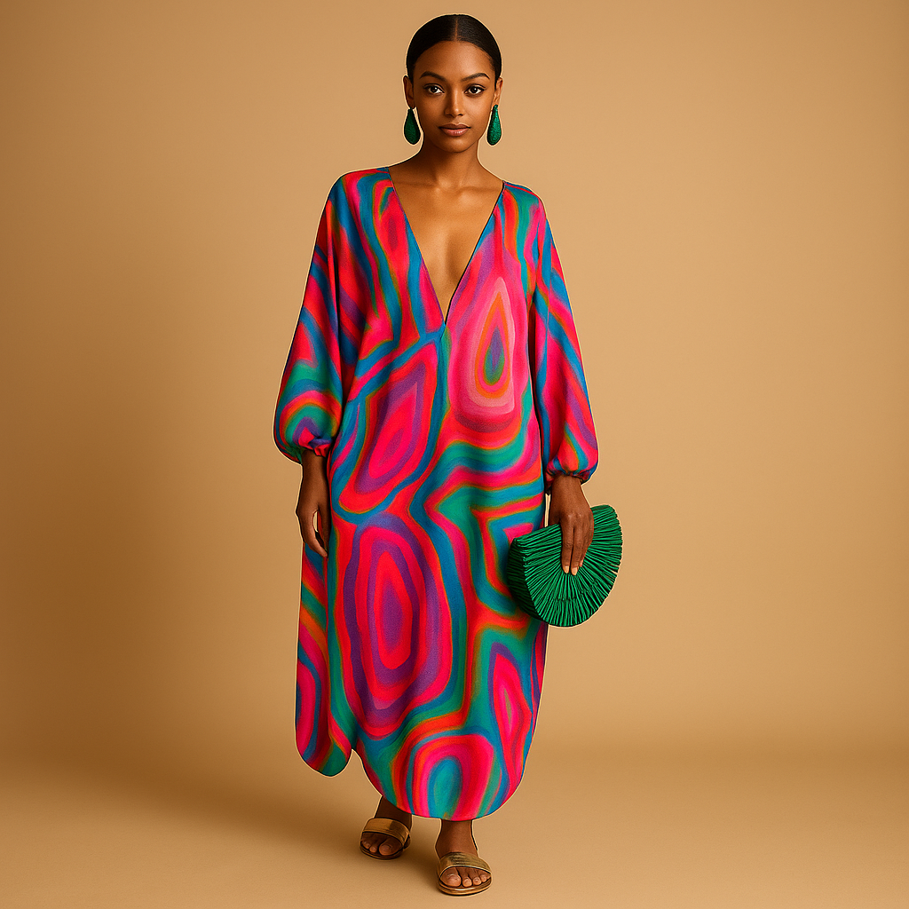 Boho maxi dress for women with long sleeves and a flowing silhouette, perfect for summer festivals, beach days, and casual outings.