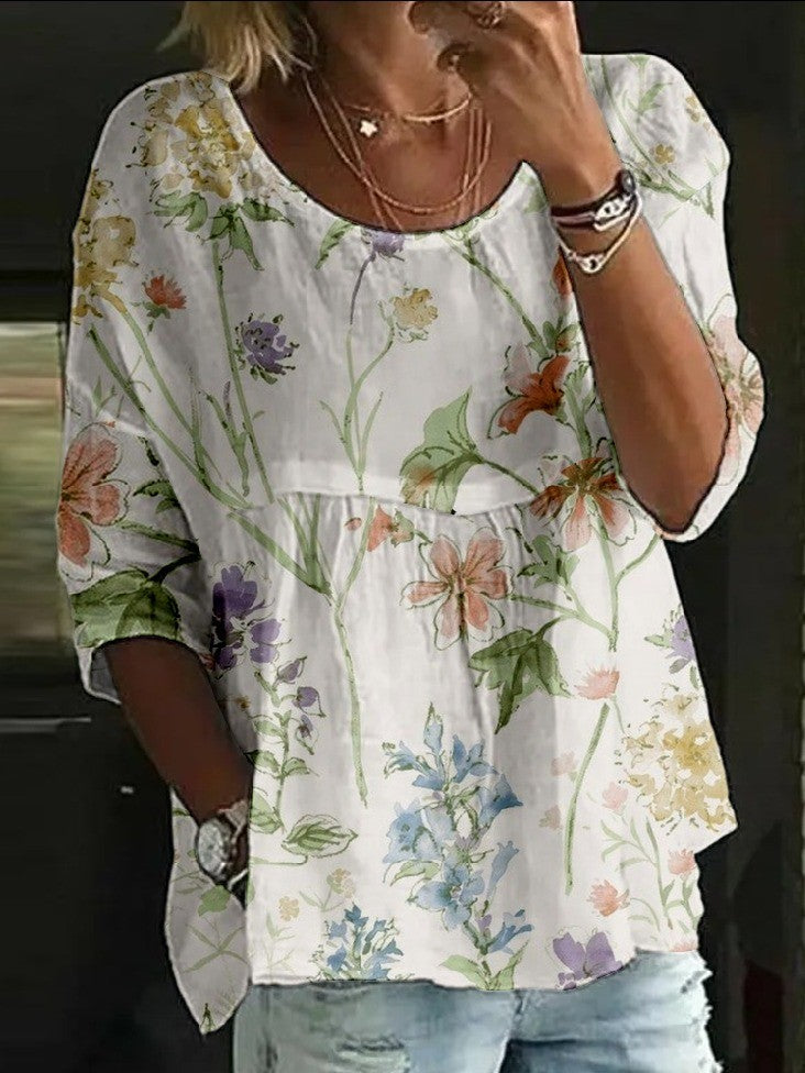 Casual Women's Floral Round Neck Short Sleeve Tee - Nocini