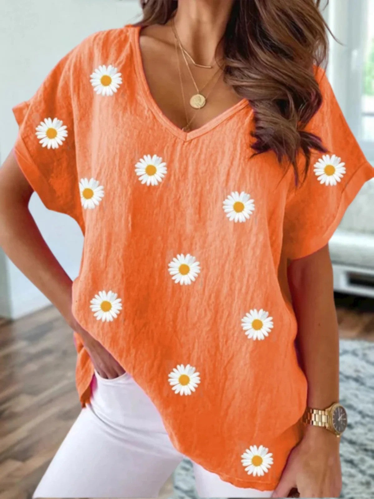 Relaxed Fit V-Neck Women's T-Shirt Floral Print Cotton - Nocini
