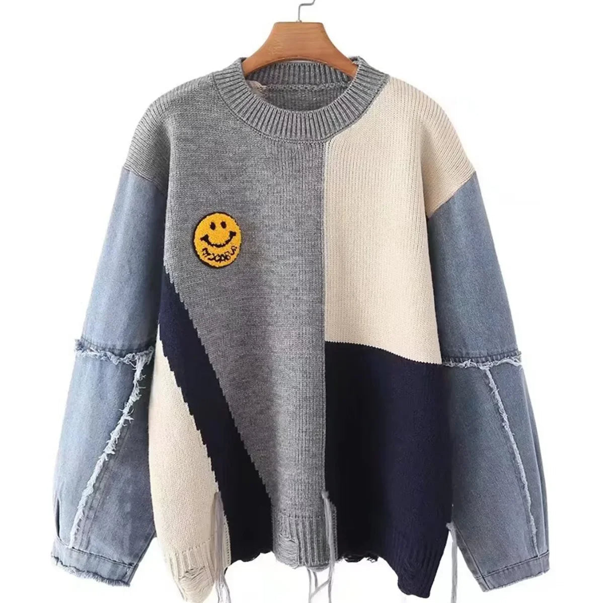 Large Patchwork Crew Neck Sweater