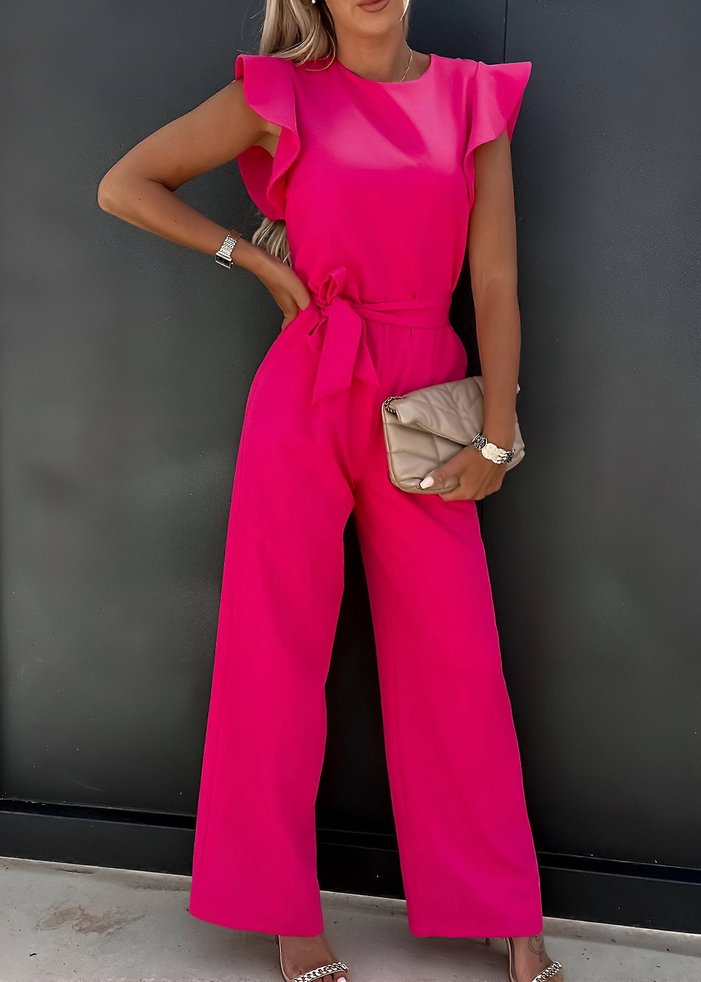 Women's Ruffle Sleeve Jumpsuit with Waist Tie