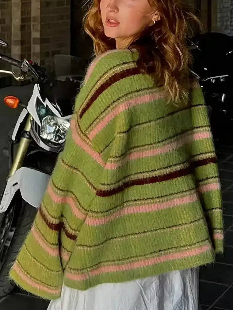 Comfy Striped Crew Neck Women's Cardigan Sweater