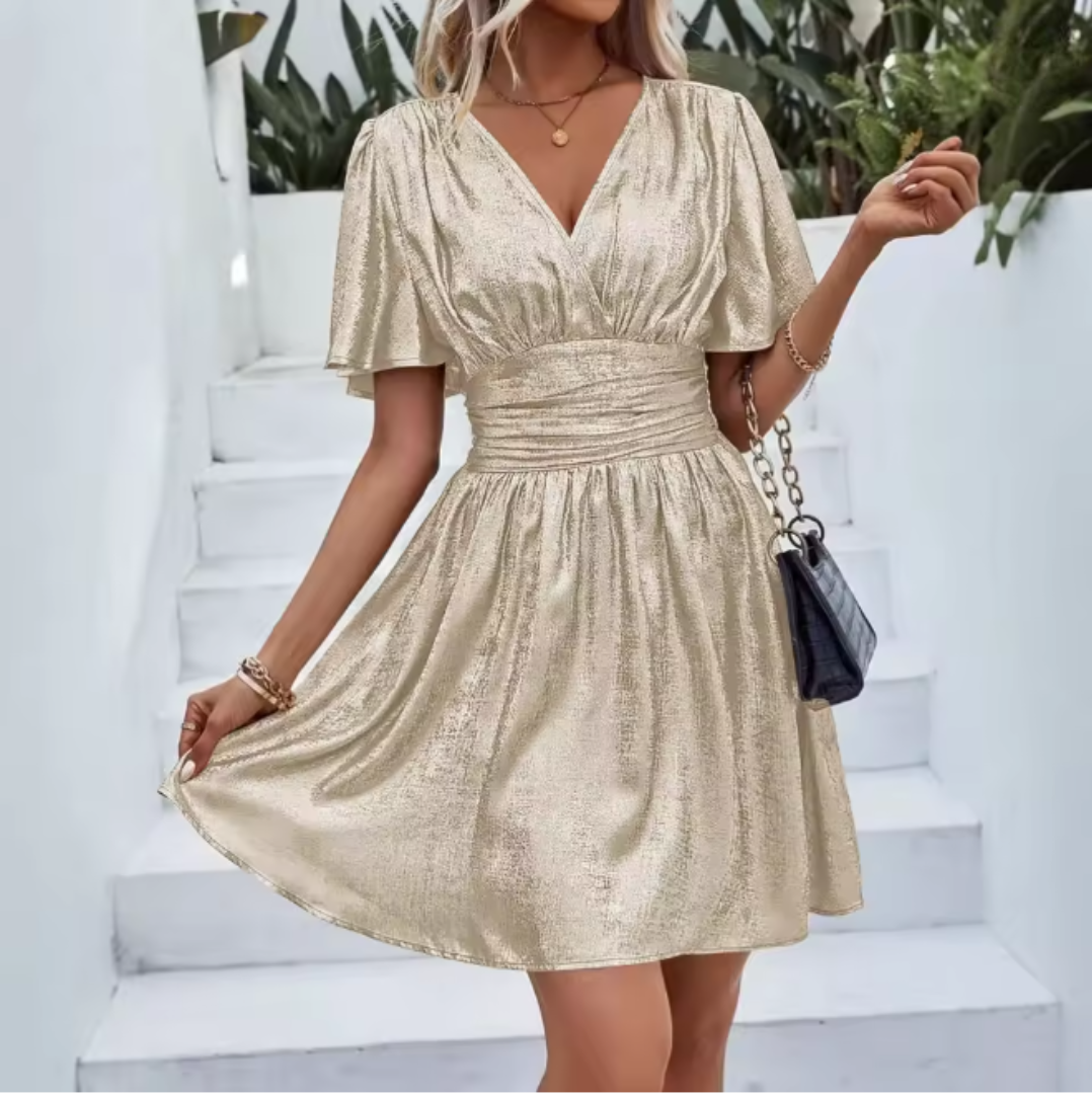 Chic V Neck Short Sleeved Mini Dress