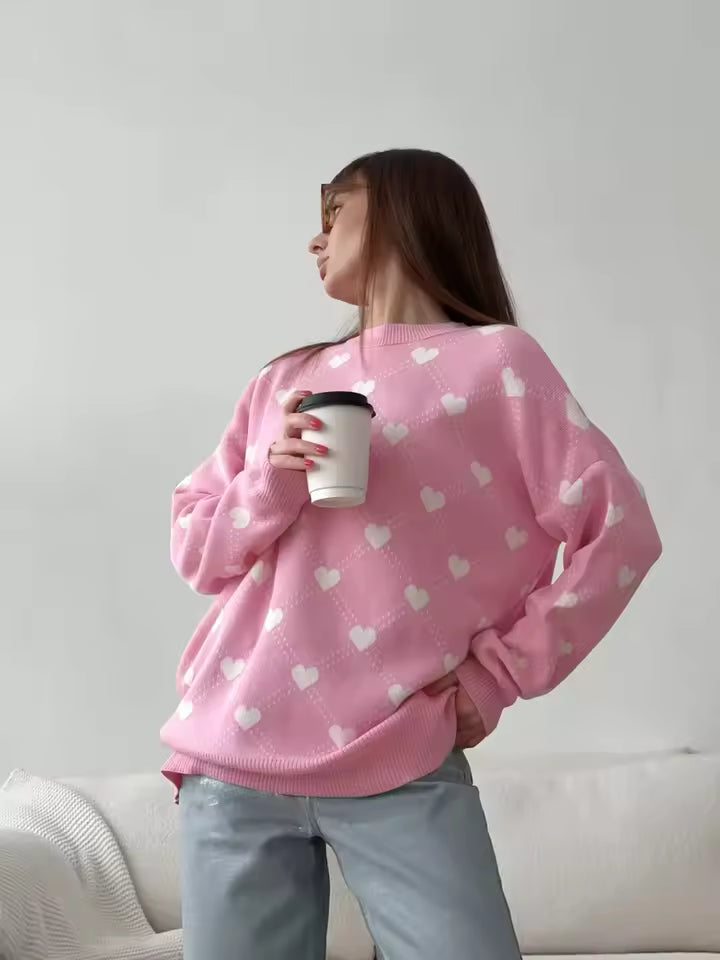 Ladies' Heart Print Stretchy Crew Neck Sweater
