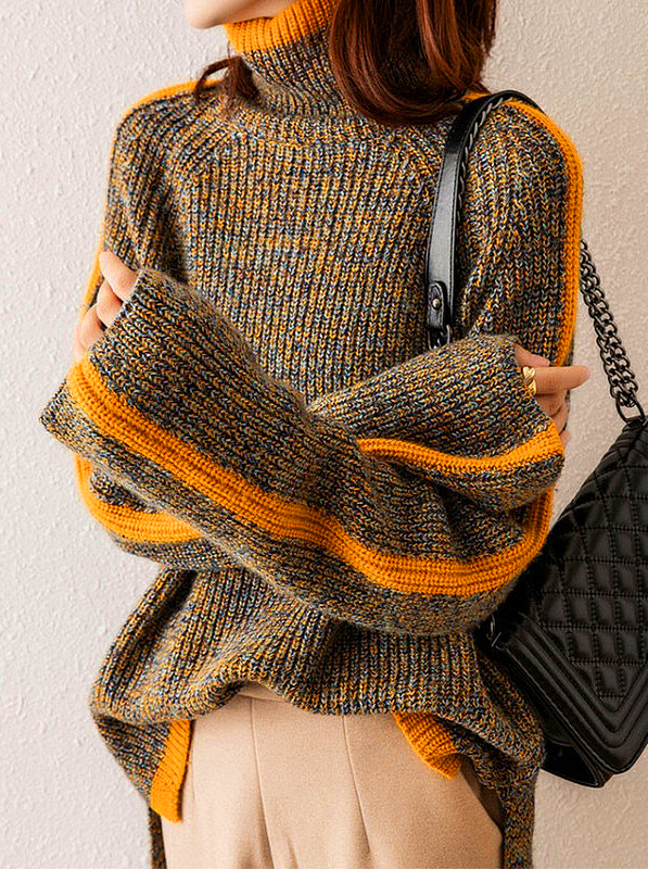 Women's Striped Crew Neck Sweater with Loose Fit Cuffs