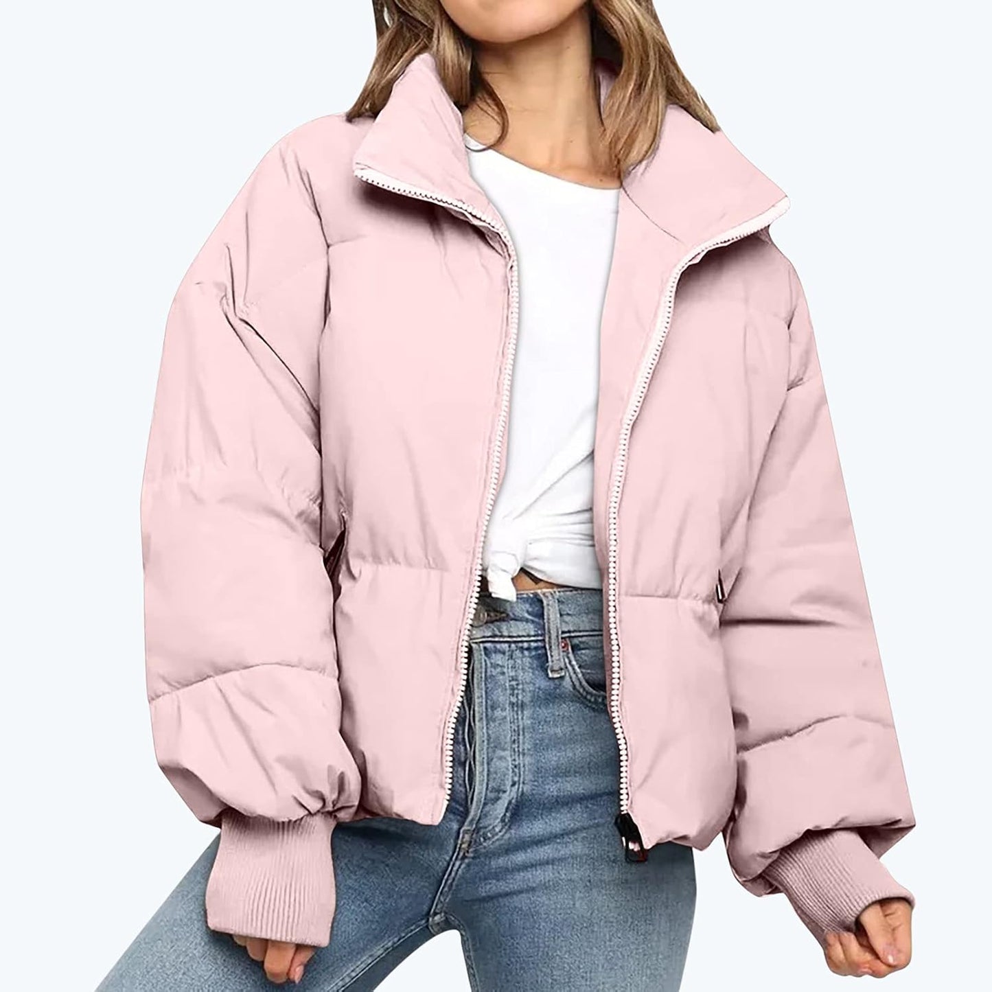 Women's Padded Zip Up Coat with High Collar