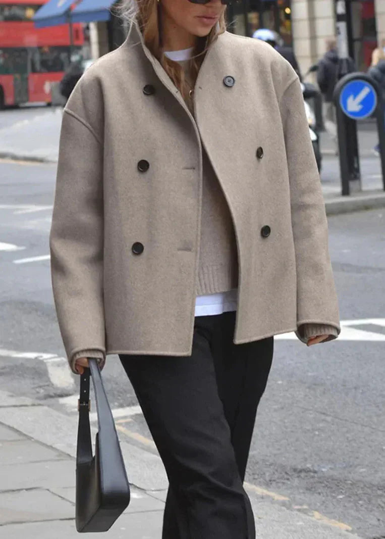 Women's Casual Short Coat with Zip-Up Neck and Colorful Buttons