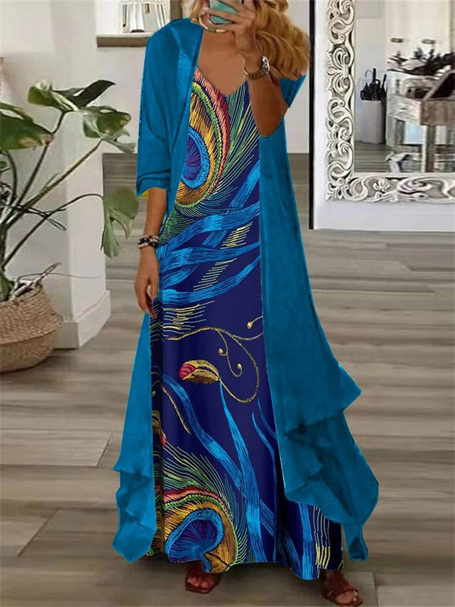 Relaxed Fit V Neck Maxi Dress Two Piece Set - Nocini